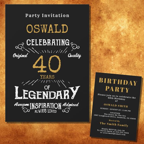 40th Birthday Born Legendary Black Gold Retro Invitation
