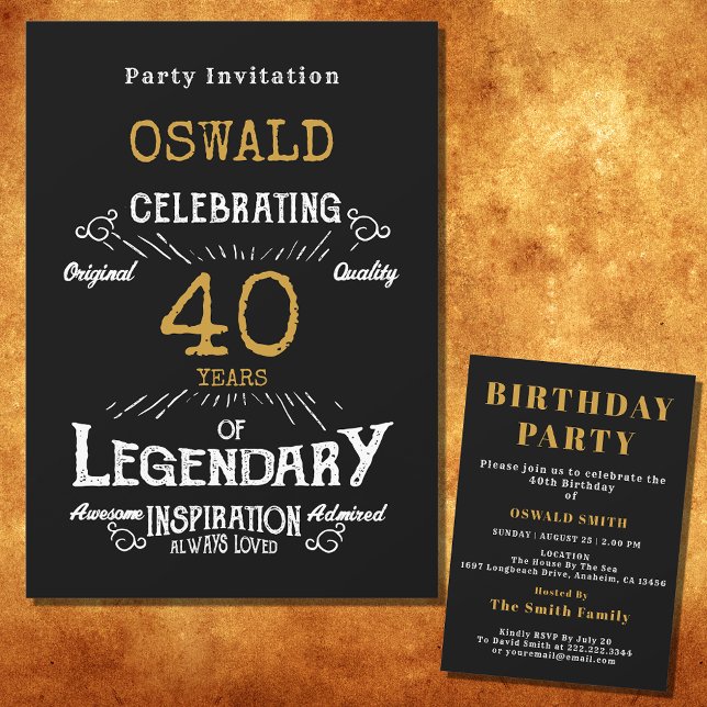 40th Birthday Born Legendary Black Gold Retro Invitation (For those celebrating their 40th birthday we have the ideal birthday party invitation)