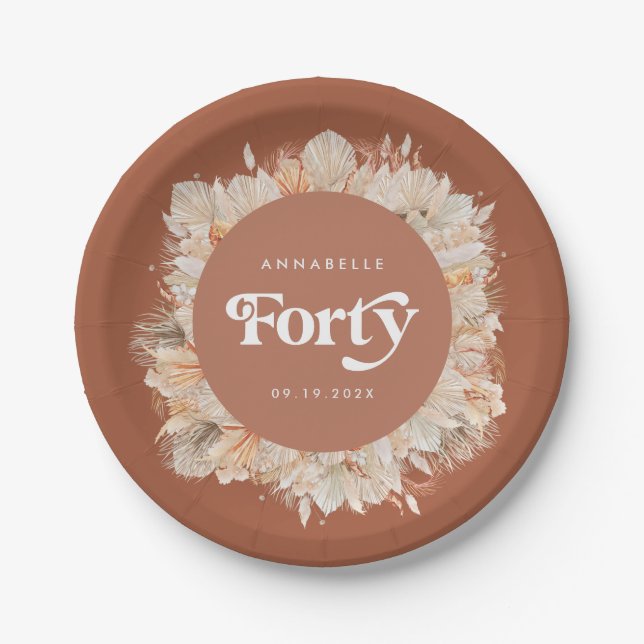 40th Birthday botanical pampas grass terracotta  Paper Plates (Front)