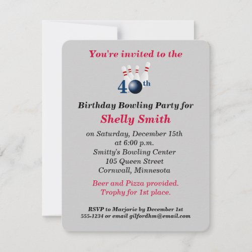 40th Birthday Bowling Party Invitation