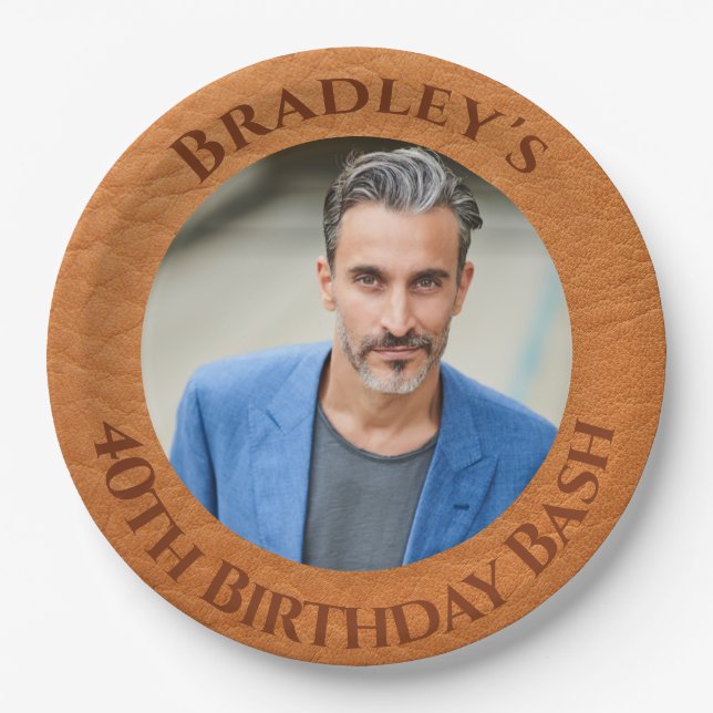 40th Birthday Brown Leather Paper Plates (Front)