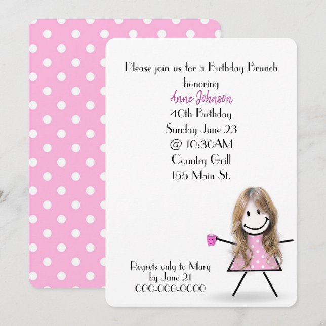 40th Birthday Brunch Stick Girl   Invitation (Front/Back)