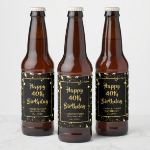 40th Birthday Brush Script Black Gold Stars Beer Bottle Label