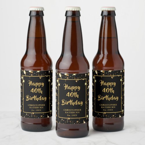 40th Birthday Brush Script Black Gold Stars Beer Bottle Label