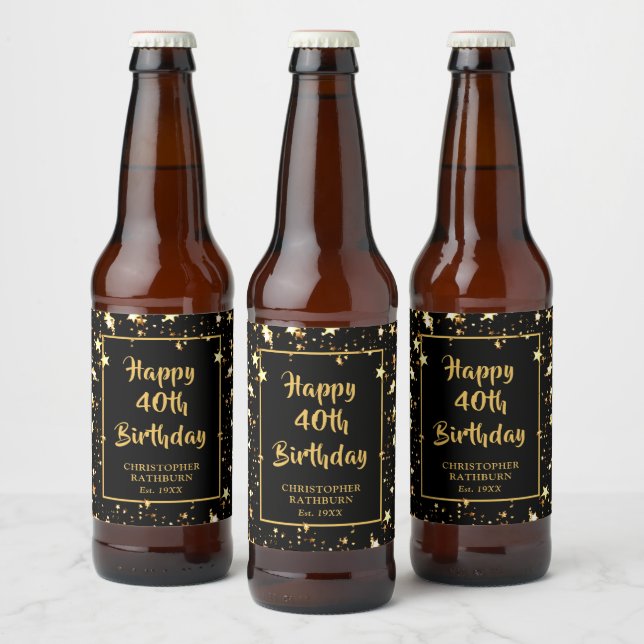 40th Birthday Brush Script Black Gold Stars Beer Bottle Label (Bottles)
