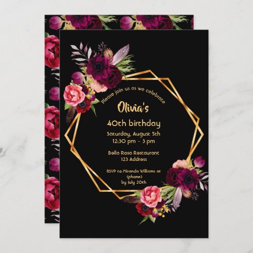 40th birthday burgundy floral gold geometric black invitation
