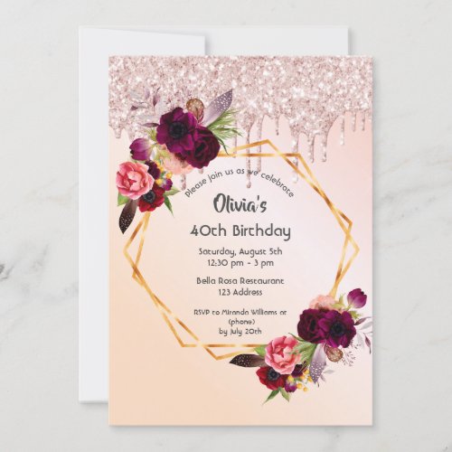40th birthday burgundy florals rose gold glitter invitation