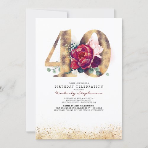 40th Birthday Burgundy Red and Gold Glitter Invitation