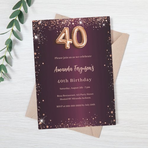 40th birthday burgundy rose gold glitter invitation