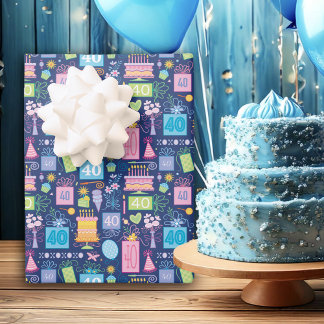 40th Birthday Cake Presents Balloons Blue Wrapping Paper Sheets