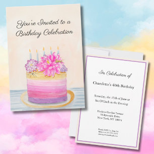 40th Birthday Cake with Dahlia and Garden Insect Invitation