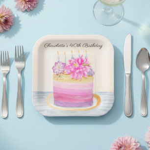 40th Birthday Cake with Dahlia and Garden Insect Paper Plates