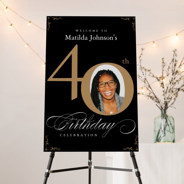 40th Birthday Calligraphy Gold Black Party Welcome Foam Board (In Situ (Stand))