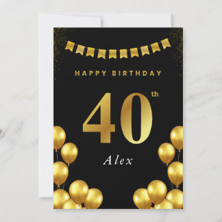 40th Birthday Card Black and Gold Balloons