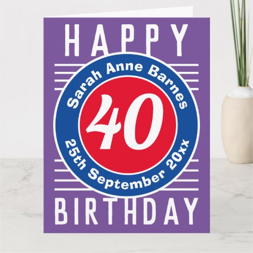 40th Birthday Card with Age Name  Date