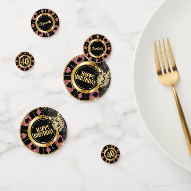 40th Birthday Casino Poker Chip - Rose Gold Confetti (Group)