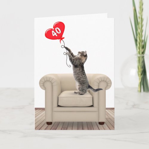40th Birthday Cat With Heart Balloon Card