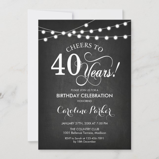 40th Birthday - Chalkboard Black White Invitation (Front)