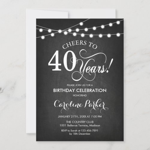 40th Birthday _ Chalkboard Black White Invitation