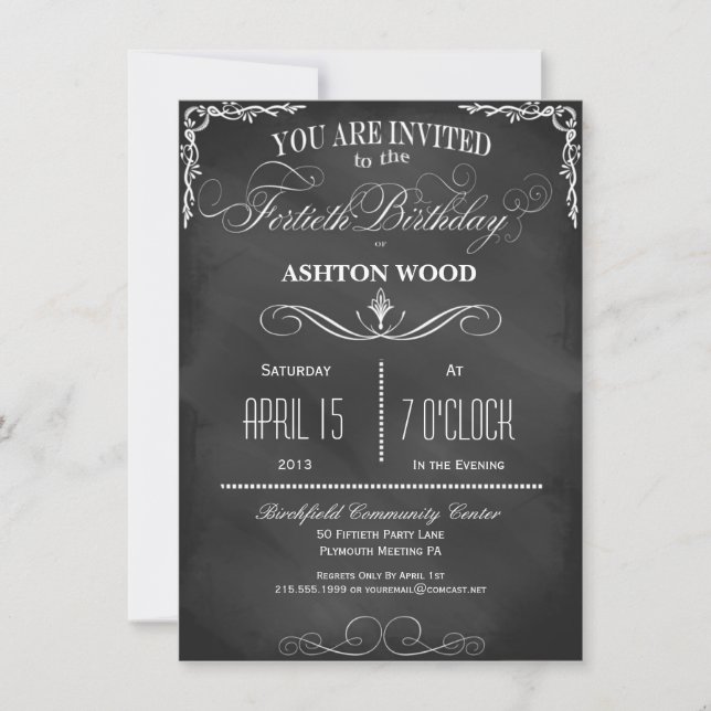 40th Birthday Chalkboard Typography Party Invite (Front)
