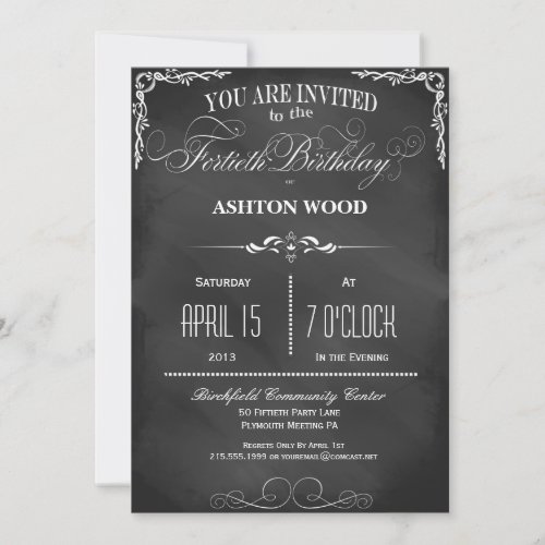 40th Birthday Chalkboard Typography Party Invite