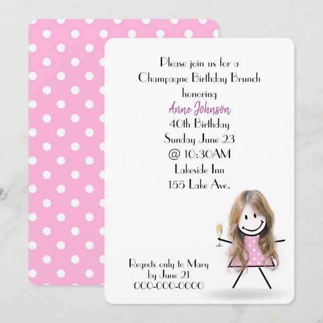 40th Birthday Champagne Brunch Stick Girl Invitation (Front/Back)