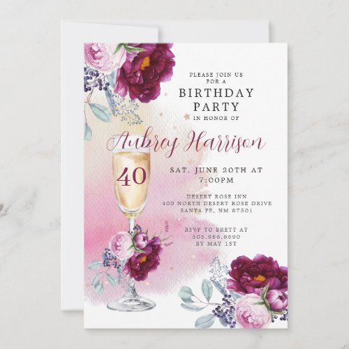 40th Birthday Champagne Glass Floral Birthday  Invitation