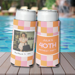 40th Birthday Checkered Pink and Orange Can Cooler