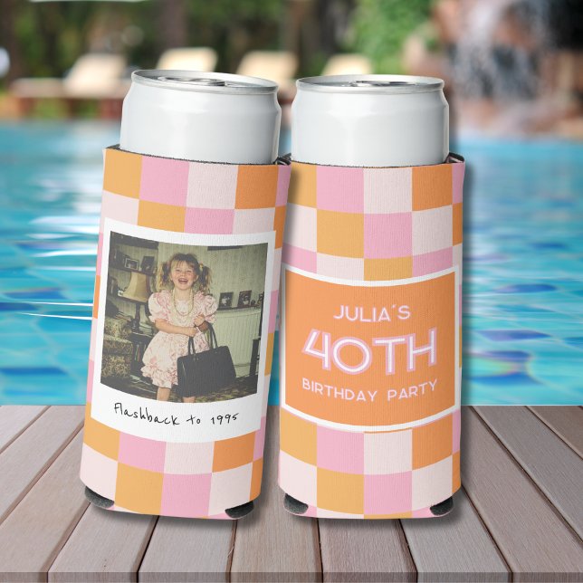 40th Birthday Checkered Pink and Orange Can Cooler (Creator Uploaded)