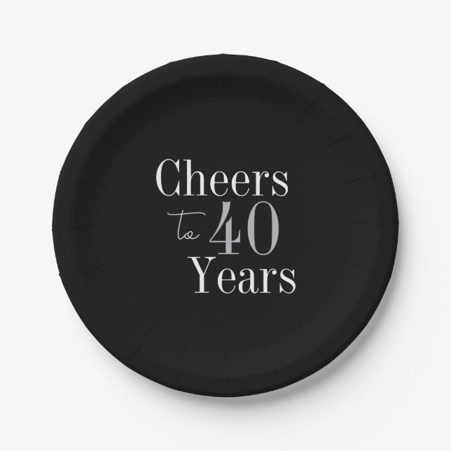 40th Birthday Cheers 40 Years Black Silver Party Paper Plates (Front)