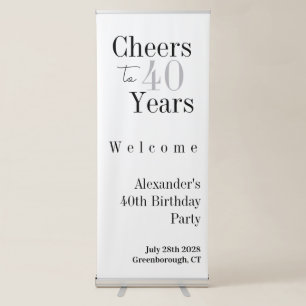 40th Birthday Cheers 40 Years Minimal Silver Party Retractable Banner