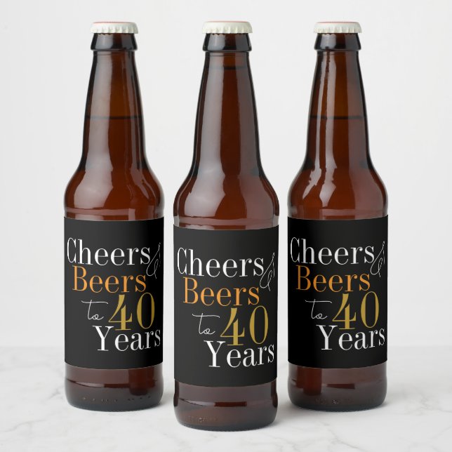 40th Birthday Cheers and Beers Black Gold Party Beer Bottle Label (Bottles)