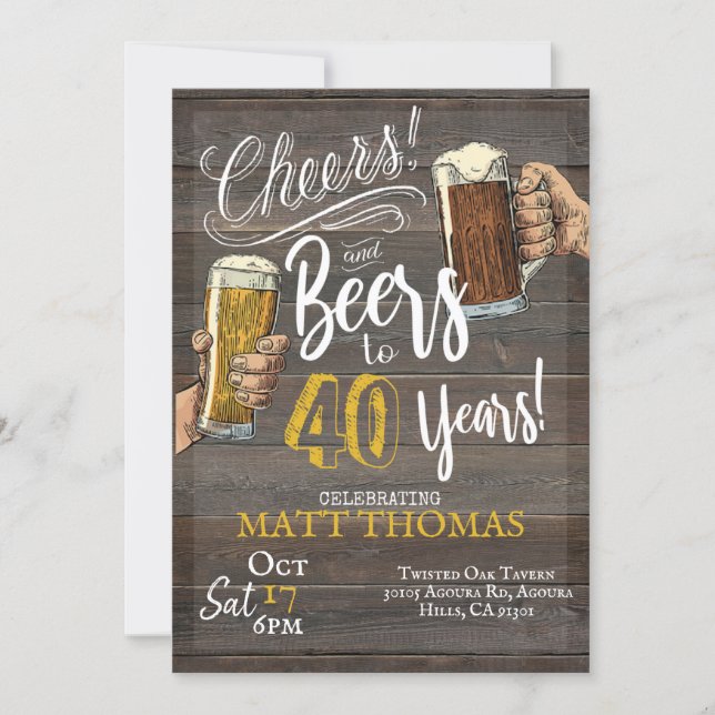 40th Birthday, Cheers and Beers Invitation (Front)