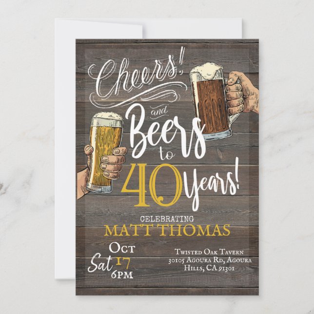 40th Birthday, Cheers and Beers Invitation (Front)
