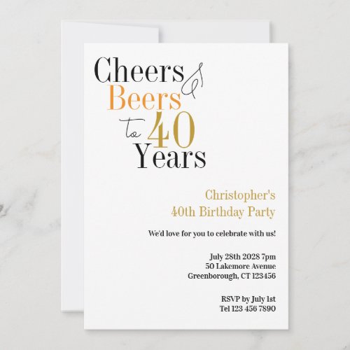 40th Birthday Cheers and Beers Minimal Party Invitation