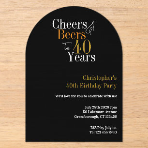 40th Birthday Cheers and Beers Party Black Gold Acrylic Invitations