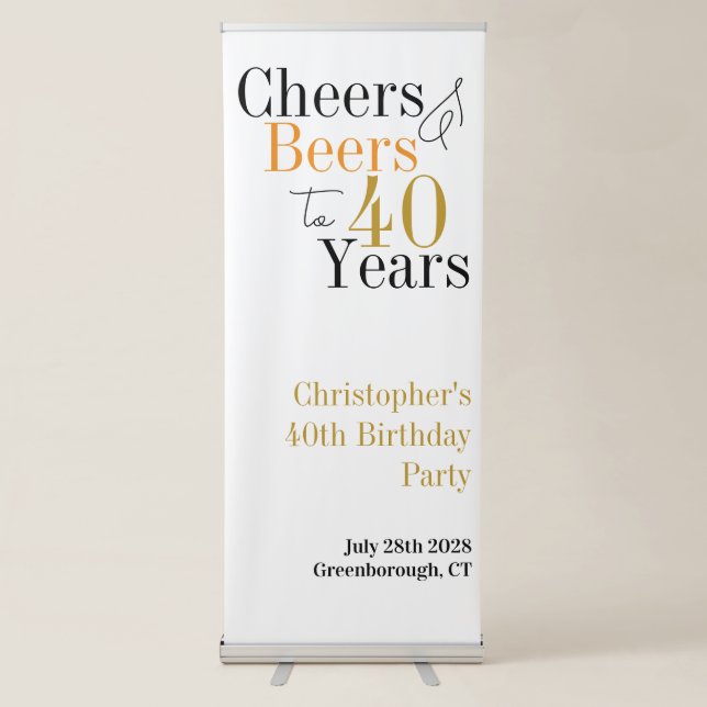 40th Birthday Cheers Beers Minimal Party Retractable Banner (Front)