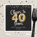 40th Birthday Cheers to 40 Years Black Gold Napkins<br><div class="desc">Celebrate a 40th birthday for him or her with these modern and festive personalized party paper napkins featuring the title CHEERS TO 40 YEARS with faux metallic gold balloon numbers and script typography, gold confetti and your custom text in your choice of background color (shown in black). ASSISTANCE: For help...</div>