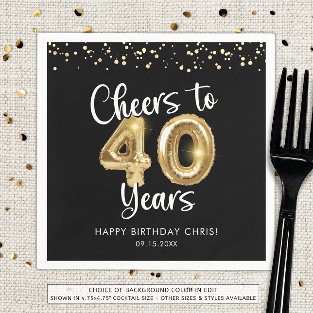40th Birthday Cheers to 40 Years Black Gold Napkins (Creator Uploaded)