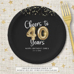40th Birthday Cheers to 40 Years Black Gold Paper Plates<br><div class="desc">Celebrate a 40th birthday for him or her with these modern and festive personalized party paper plates featuring the title CHEERS TO 40 YEARS with faux metallic gold balloon numbers and script typography, gold confetti and your custom text in your choice of background color (shown in black). ASSISTANCE: For help...</div>