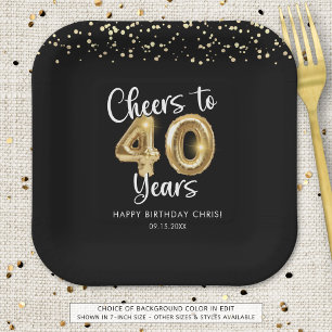 40th Birthday Cheers to 40 Years Black Gold Paper Plates