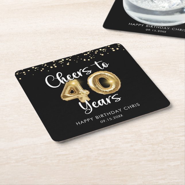 40th Birthday Cheers to 40 Years Black Gold Square Paper Coaster (Angled)