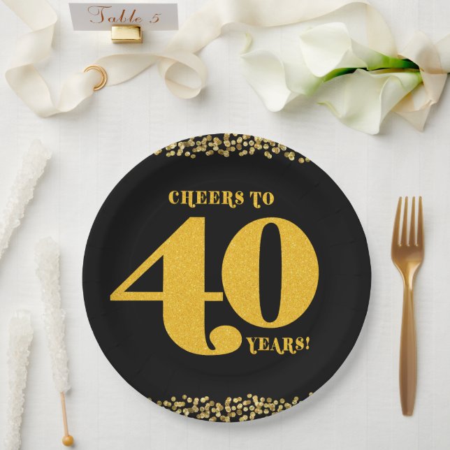 40th Birthday Cheers to 40 Years Fourty Gold Black Paper Plates (Wedding)