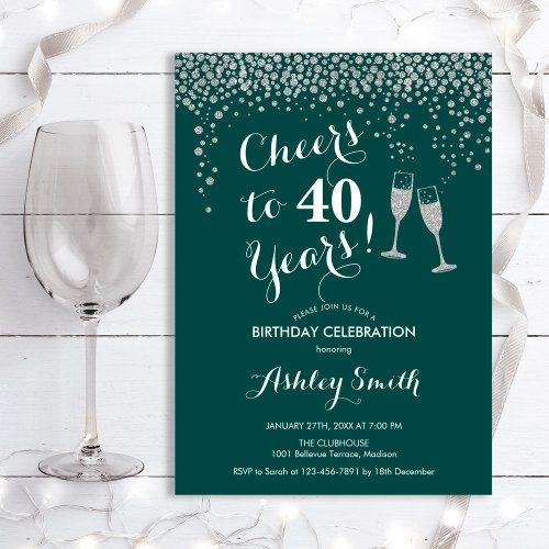 40th Birthday _ Cheers To 40 Years Silver Green Invitation