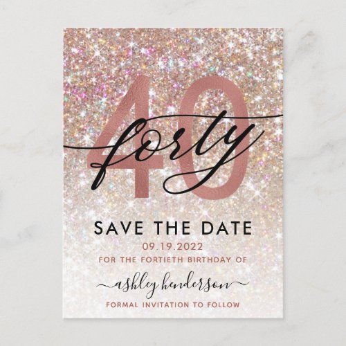 40th Birthday Chic Glitter Ombre Save The Date Postcard