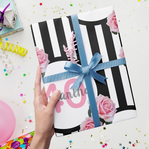 40th birthday chic pink roses black white stripes wrapping paper