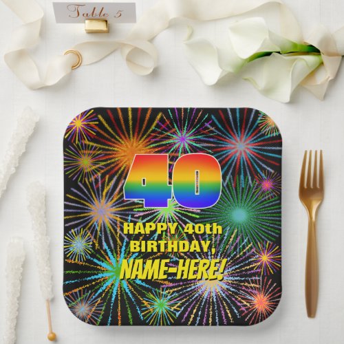 40th Birthday Colorful Fun Celebratory Fireworks Paper Plates