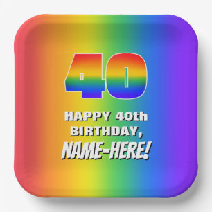 40th Birthday: Colorful, Fun Rainbow Pattern # 40 Paper Plates