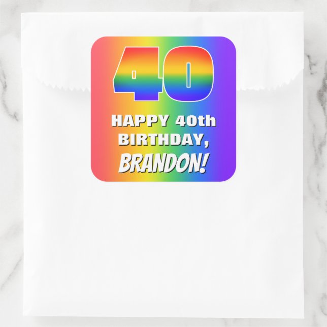 40th Birthday: Colorful, Fun Rainbow Pattern # 40 Square Sticker (Bag)