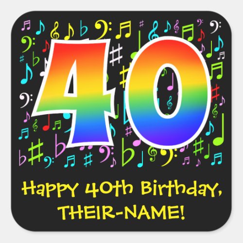 40th Birthday Colorful Music Symbols Rainbow 40 Square Sticker